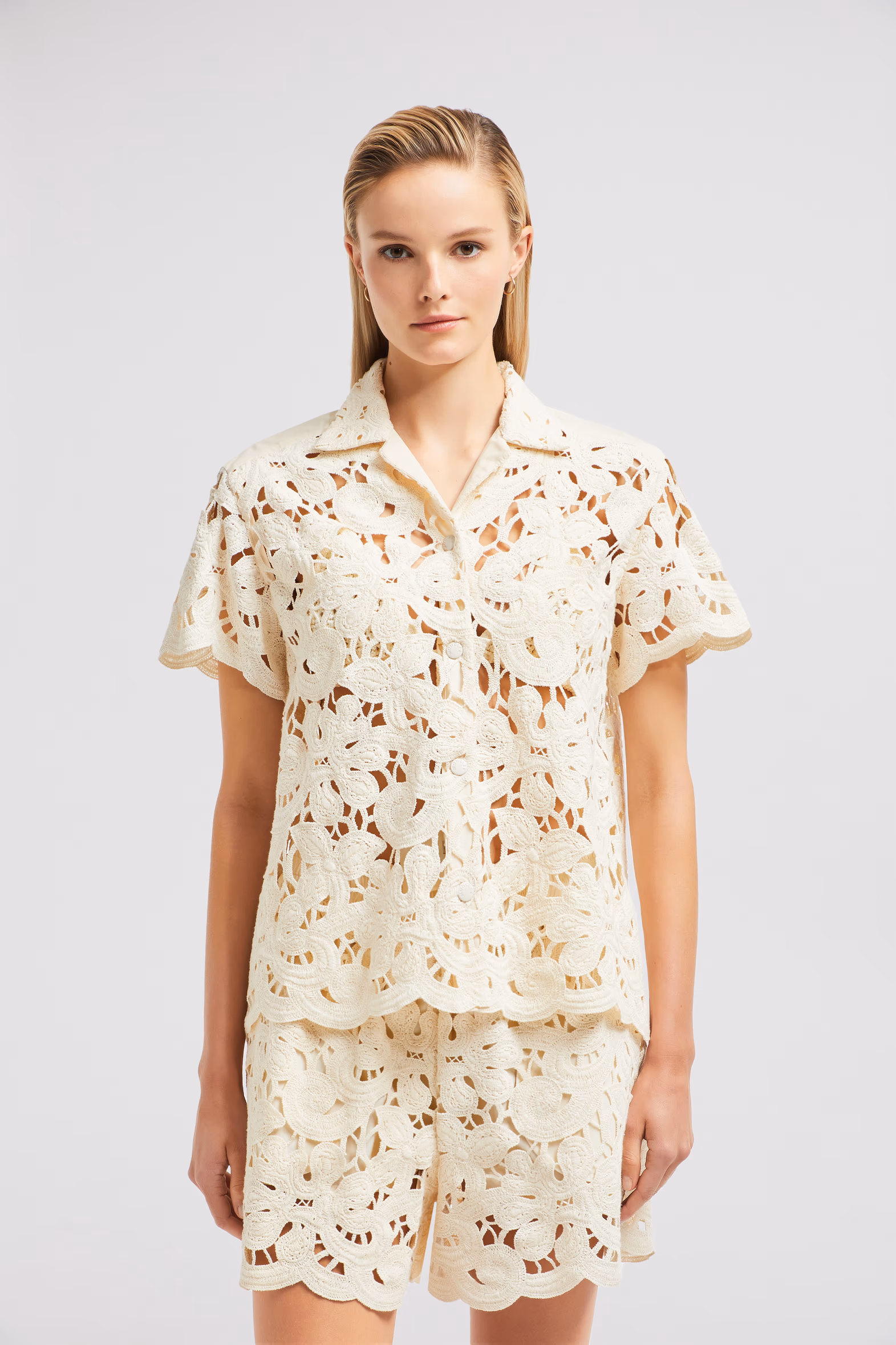 Floral Macramé Short Sleeve Shirt Women White Ivory Moncler 3